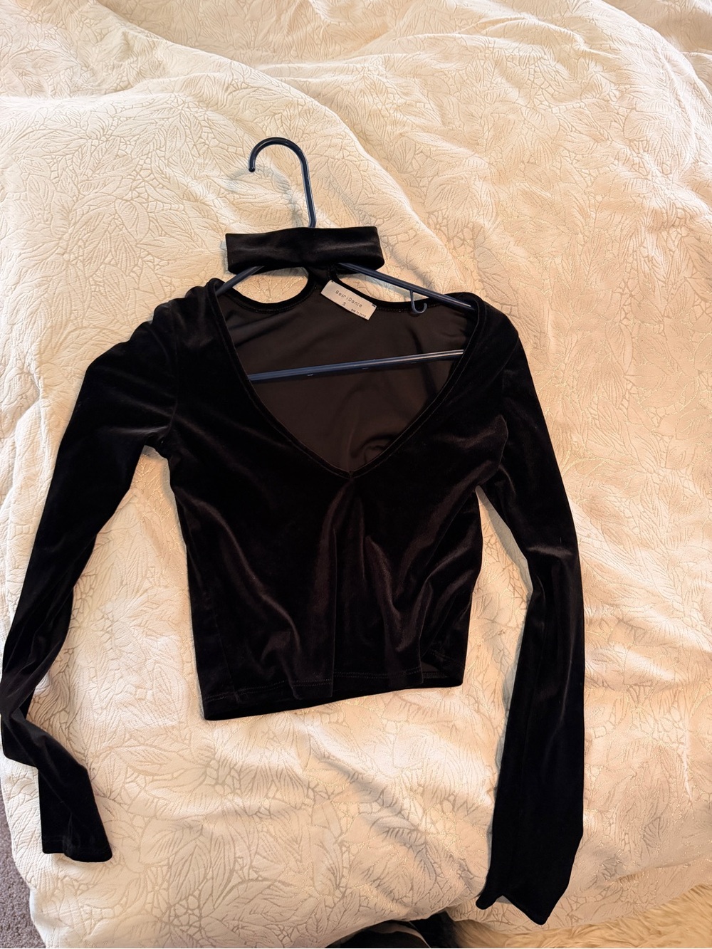 Bear Dance Black Velvet Long Sleeve V-Neck Top